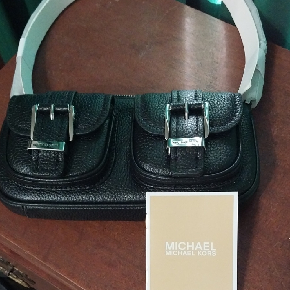 Michael Kors Black Pebbled Leather Shoulder Bag with White Strap